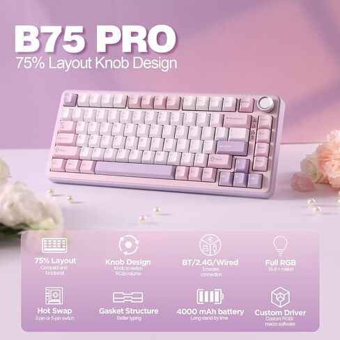 YUNZII B75 PRO Wireless Mechanical Keyboard,75% Layout with Knob,Hot Swap Gasket Custom Structure,Creamy Pre-lubed Switches,RGB Backlit,Bluetooth/Type-C/2.4G for Win/Mac(Milk Switch,Pink) in Saudi Arabia
