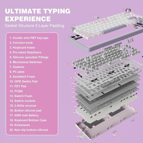 YUNZII B75 PRO Wireless Mechanical Keyboard,75% Layout with Knob,Hot Swap Gasket Custom Structure,Creamy Pre-lubed Switches,RGB Backlit,Bluetooth/Type-C/2.4G for Win/Mac(Milk Switch,Pink) in Saudi Arabia