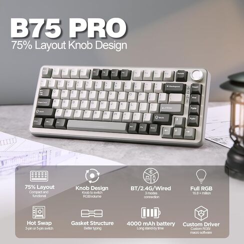YUNZII B75 PRO Wireless Mechanical Keyboard,75% Layout with Knob,Hot Swap Gasket Custom Structure,Creamy Pre-lubed Switches,RGB Backlit,Bluetooth/Type-C/2.4G for Win/Mac(Milk Switch,Pink) in Saudi Arabia