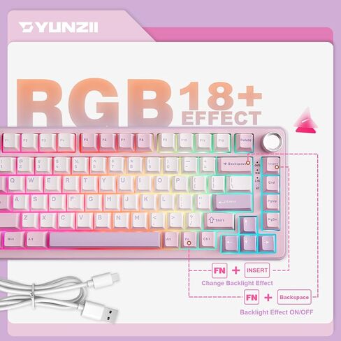 YUNZII B75 PRO Wireless Mechanical Keyboard,75% Layout with Knob,Hot Swap Gasket Custom Structure,Creamy Pre-lubed Switches,RGB Backlit,Bluetooth/Type-C/2.4G for Win/Mac(Milk Switch,Pink) in Saudi Arabia