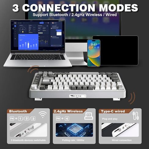 YUNZII B75 PRO Wireless Mechanical Keyboard,75% Layout with Knob,Hot Swap Gasket Custom Structure,Creamy Pre-lubed Switches,RGB Backlit,Bluetooth/Type-C/2.4G for Win/Mac(Milk Switch,Pink) in Saudi Arabia