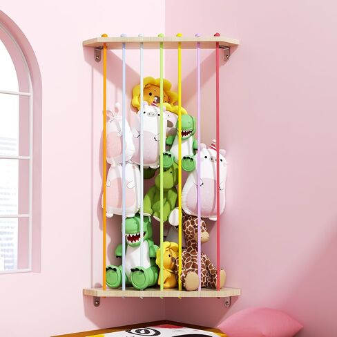 Stuffed Animals Storage with Colorful Elastic Ropes Wooden Plushies Organizer for Corner with Adjustable Length Large Corner Pet Holder Net for Kids Room, Playroom Easy to Install in Saudi Arabia