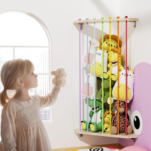 Stuffed Animals Storage with Colorful Elastic Ropes Wooden Plushies Organizer for Corner with Adjustable Length Large Corner Pet Holder Net for Kids Room, Playroom Easy to Install in Saudi Arabia