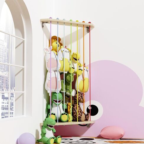 Stuffed Animals Storage with Colorful Elastic Ropes Wooden Plushies Organizer for Corner with Adjustable Length Large Corner Pet Holder Net for Kids Room, Playroom Easy to Install in Saudi Arabia
