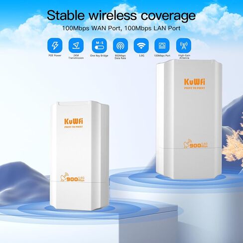 KuWFi Point to Point Wireless Bridge، 5.8G 900Mbps 2KM WiFi Ethernet Bridge طويل المدى، نقطة وصول لاسلكية في الهواء الطلق CPE 100Mbps Port، شبكة تم تكوينها مسبقًا لتغطية WiFi ومشروع CCTV in Kuwait
