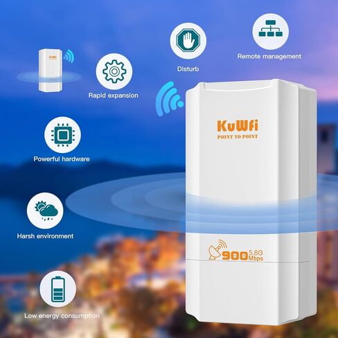 KuWFi Point to Point Wireless Bridge، 5.8G 900Mbps 2KM WiFi Ethernet Bridge طويل المدى، نقطة وصول لاسلكية في الهواء الطلق CPE 100Mbps Port، شبكة تم تكوينها مسبقًا لتغطية WiFi ومشروع CCTV in Kuwait