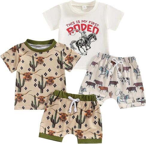 Toddler Boys Shorts Set Western Cowboy-Print Short Sleeves Tops+Elastic Pants Baby Summer Casual Outfits in Saudi Arabia