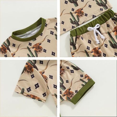 Toddler Boys Shorts Set Western Cowboy-Print Short Sleeves Tops+Elastic Pants Baby Summer Casual Outfits in Saudi Arabia