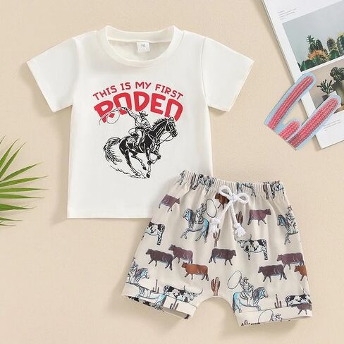 Toddler Boys Shorts Set Western Cowboy-Print Short Sleeves Tops+Elastic Pants Baby Summer Casual Outfits in Saudi Arabia