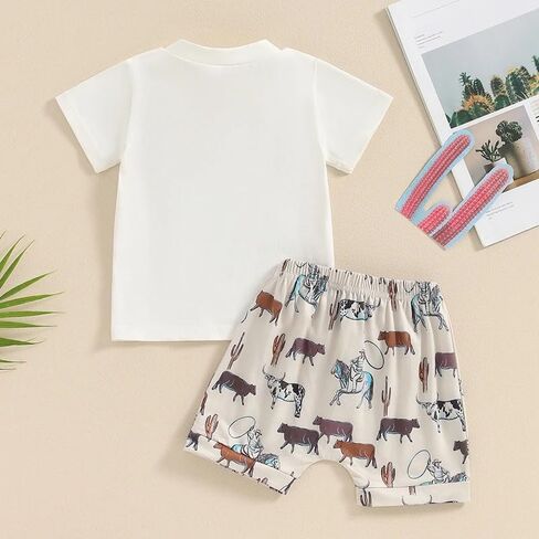 Toddler Boys Shorts Set Western Cowboy-Print Short Sleeves Tops+Elastic Pants Baby Summer Casual Outfits in Saudi Arabia