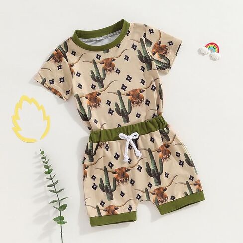 Toddler Boys Shorts Set Western Cowboy-Print Short Sleeves Tops+Elastic Pants Baby Summer Casual Outfits in Saudi Arabia
