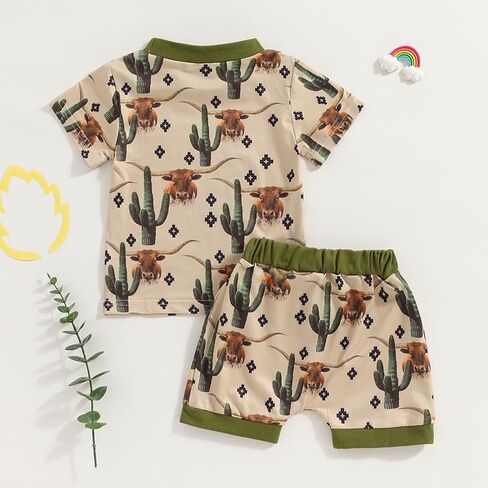Toddler Boys Shorts Set Western Cowboy-Print Short Sleeves Tops+Elastic Pants Baby Summer Casual Outfits in Saudi Arabia