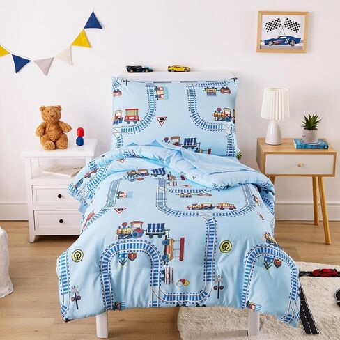 Wake In Cloud - Train Toddler Bedding Set for Boys, Cartoon Trains on Railway, 4 Pieces Soft Crib Bed Set Including Comforter, Sheets and Pillowcase, Light Blue in Kuwait