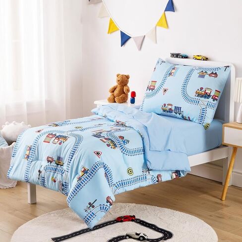 Wake In Cloud - Train Toddler Bedding Set for Boys, Cartoon Trains on Railway, 4 Pieces Soft Crib Bed Set Including Comforter, Sheets and Pillowcase, Light Blue in Kuwait