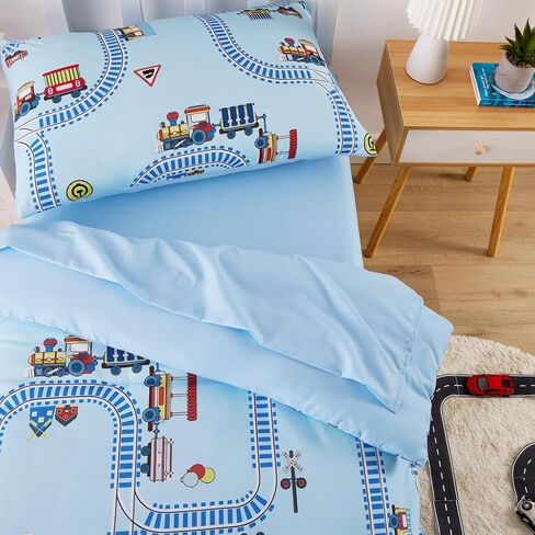Wake In Cloud - Train Toddler Bedding Set for Boys, Cartoon Trains on Railway, 4 Pieces Soft Crib Bed Set Including Comforter, Sheets and Pillowcase, Light Blue in Kuwait