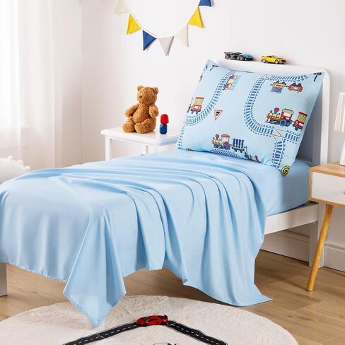 Wake In Cloud - Train Toddler Bedding Set for Boys, Cartoon Trains on Railway, 4 Pieces Soft Crib Bed Set Including Comforter, Sheets and Pillowcase, Light Blue in Kuwait