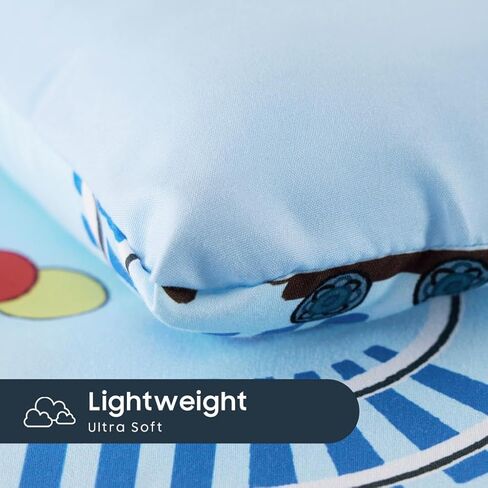 Wake In Cloud - Train Toddler Bedding Set for Boys, Cartoon Trains on Railway, 4 Pieces Soft Crib Bed Set Including Comforter, Sheets and Pillowcase, Light Blue in Kuwait
