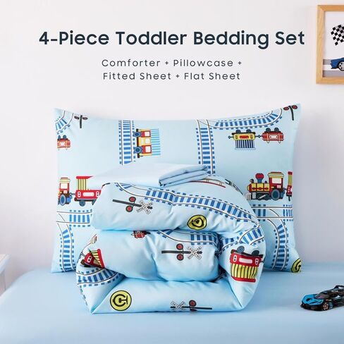 Wake In Cloud - Train Toddler Bedding Set for Boys, Cartoon Trains on Railway, 4 Pieces Soft Crib Bed Set Including Comforter, Sheets and Pillowcase, Light Blue in Kuwait
