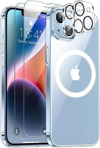 5 in 1 for iPhone 14 Plus Case Clear,Not Yellowing, 2 Screen Protectors, 2 Camera Protectors, 15 FT Military-Grade Drop Protection, Shockproof Slim Case, Magsafe Magnetic Ring in Saudi Arabia
