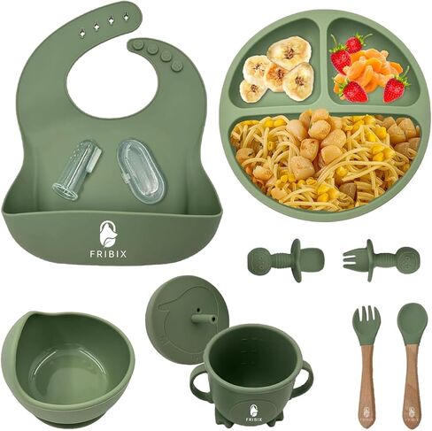 9 PCs Green Silicone Baby Feeding Set, Baby Lead Weaning Supplies with Suction Bowl Plate, Toddler Self Feeding Essentials with Spoons Forks Cup Adjustable Silicon Bib for 6 months in Saudi Arabia
