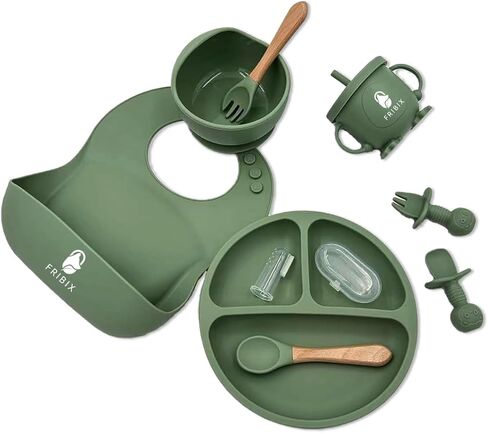 9 PCs Green Silicone Baby Feeding Set, Baby Lead Weaning Supplies with Suction Bowl Plate, Toddler Self Feeding Essentials with Spoons Forks Cup Adjustable Silicon Bib for 6 months in Saudi Arabia