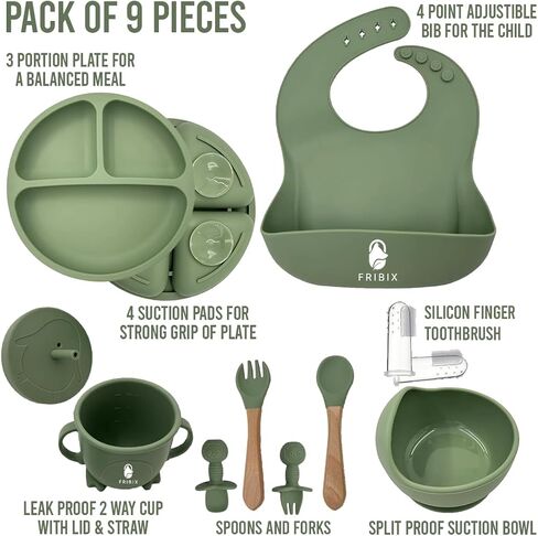 9 PCs Green Silicone Baby Feeding Set, Baby Lead Weaning Supplies with Suction Bowl Plate, Toddler Self Feeding Essentials with Spoons Forks Cup Adjustable Silicon Bib for 6 months in Saudi Arabia