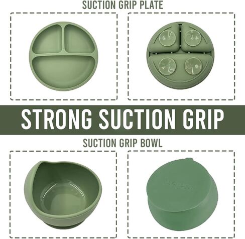 9 PCs Green Silicone Baby Feeding Set, Baby Lead Weaning Supplies with Suction Bowl Plate, Toddler Self Feeding Essentials with Spoons Forks Cup Adjustable Silicon Bib for 6 months in Saudi Arabia
