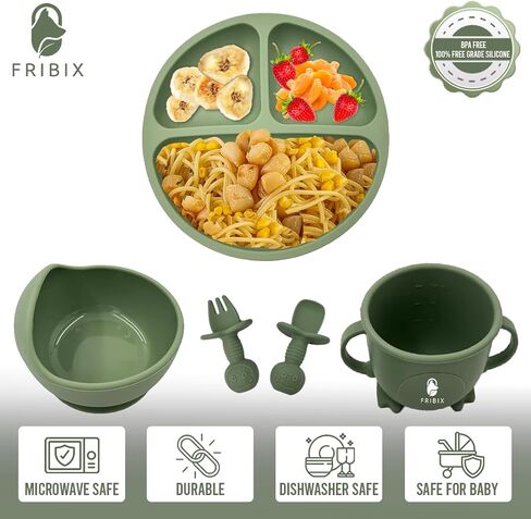 9 PCs Green Silicone Baby Feeding Set, Baby Lead Weaning Supplies with Suction Bowl Plate, Toddler Self Feeding Essentials with Spoons Forks Cup Adjustable Silicon Bib for 6 months in Saudi Arabia