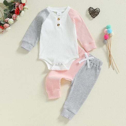 Thorn Tree Newborn Infant Baby Girl Clothes Ribbed Knitted Long Sleeve Romper Long Pants Stretchy Fall Outfits in Saudi Arabia