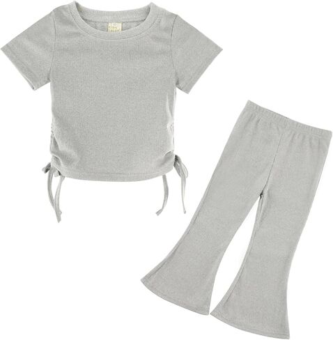 Toddler Baby Girls Summer Clothes Set - Solid Ribbed Knit Short Sleeve T-Shirts Tee & Flared Pants Sets 2T-7 Years in Kuwait