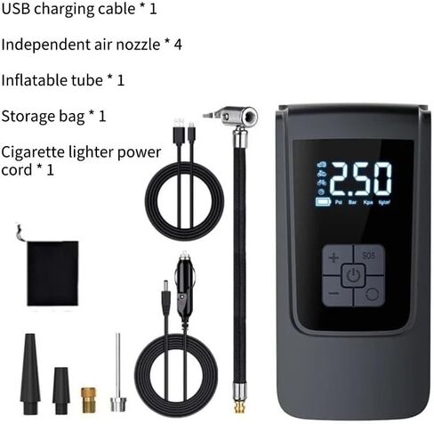 مضخة هواء محمولة لنفخ الإطارات، مقياس ضغط LCD رقمي تلقائي 150 رطل لكل بوصة مربعة، لاسلكي، دراجة نارية، كرة سيارة، أسود in Saudi Arabia