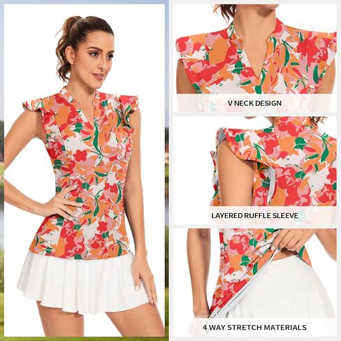 قمصان بولو جولف نسائية بأكمام مكشكشة من Soneven، بلوزات عمل مطبوعة ماصة للرطوبة in Kuwait