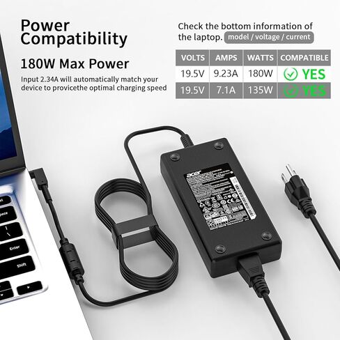 شاحن كمبيوتر محمول 180 واط لجهاز Acer Predator Helios 300 Gaming Laptop Nitro 5 PH315-52 PH315-51 G3-571 G3-572 Predator Triton 300 500 AN515-54 AN517-52-52T3 AN517-42-R6BL ADP-180MB محول تيار متردد in Kuwait