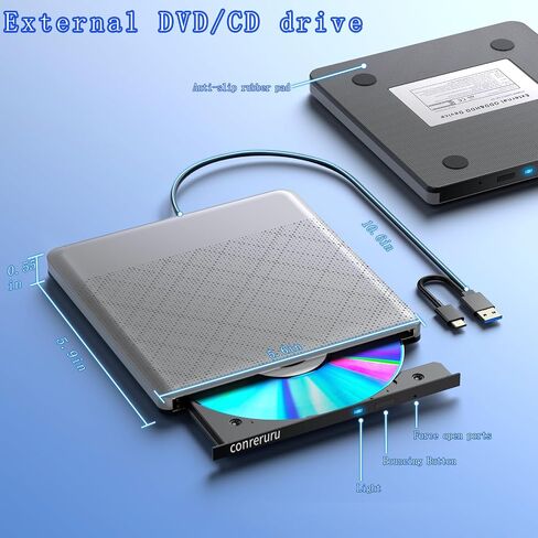 محرك أقراص DVD خارجي، واجهة USB-A+Type-c، متوافق مع محرك أقراص CD DVD المحمول، محرك أقراص CD/DVD للقراءة والكتابة متوافق مع Windows7-11/Mac OS رمادي in Saudi Arabia