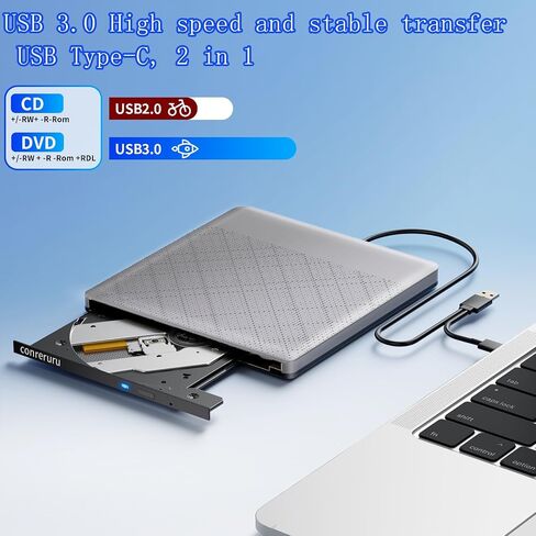 محرك أقراص DVD خارجي، واجهة USB-A+Type-c، متوافق مع محرك أقراص CD DVD المحمول، محرك أقراص CD/DVD للقراءة والكتابة متوافق مع Windows7-11/Mac OS رمادي in Saudi Arabia