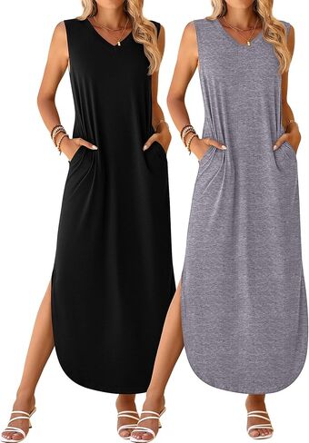2 Pcs Women's Maxi Dresses Summer Sleeveless Beach Long Dress V Neck Casual Loose Split Sundress with Pockets in Saudi Arabia