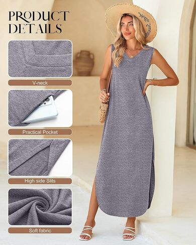 2 Pcs Women's Maxi Dresses Summer Sleeveless Beach Long Dress V Neck Casual Loose Split Sundress with Pockets in Saudi Arabia