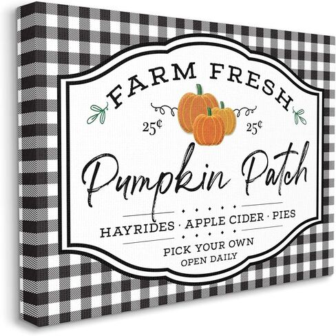 علامة Stupell Industries Farm Fresh Pumpkin Patch باللون الأسود منقوشة بمربعات، لوحة فنية جدارية من القماش بتصميم AE، مقاس 16 × 20 in Saudi Arabia