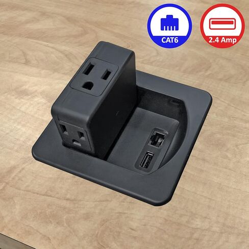 3 AC Power Outlets with 1 CAT6 Ethernet RJ45 Data Port + 1 USB Charging Ports - 2.4 Amp Fast Charger - Flip Top Swivel Power Center - Black in Saudi Arabia