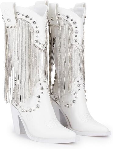 أحذية رعاة البقر المثالية من Dolls Kill Present من Sugar Thrillz - أحذية جلدية نباتية مع شراشيب من حجر الراين وأزرار مجوهرات in Kuwait