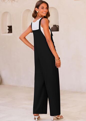 PRETTYGARDEN Overall Jumpsuit For Women 2024 Summer Casual Wide Leg Sleeveless Button Striped Jumpsuits Trendy Outfits in Kuwait