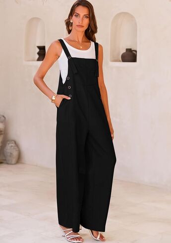 PRETTYGARDEN Overall Jumpsuit For Women 2024 Summer Casual Wide Leg Sleeveless Button Striped Jumpsuits Trendy Outfits in Kuwait