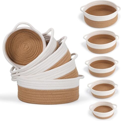 Set of 5 Rope Basket, Round Small Woven Baskets for Storage, Gift Basket Empty, Small Cotton Rope Baskets for Organizing, Home Decor Coiled Baskets, Montessori Shelf Toy Storage (White & Jute) in Kuwait
