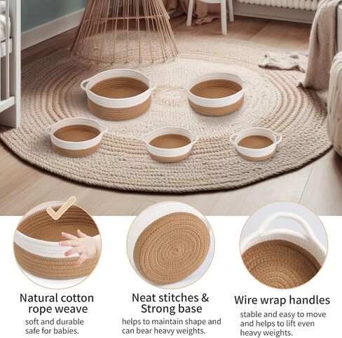 Set of 5 Rope Basket, Round Small Woven Baskets for Storage, Gift Basket Empty, Small Cotton Rope Baskets for Organizing, Home Decor Coiled Baskets, Montessori Shelf Toy Storage (White & Jute) in Kuwait