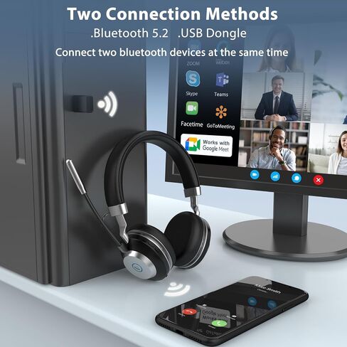 Wireless Headset, V5.2 Bluetooth Headset with Noise Cancelling Microphone, 52H Working Time Active Noise Cancelling Wireless Headphones with Mic Mute & USB Dongle for Work/Computer/Phone/Meeting/Zoom in Saudi Arabia