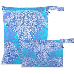 visesunny Blue Elephant Bohemian Style 2Pcs Wet Bag with Zippered Pockets Washable Reusable Roomy Diaper Bag for Travel,Beach,Daycare,Stroller,Diapers,Dirty Gym Clothes,Wet Swimsuits,Toiletries