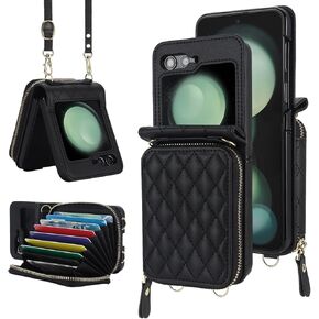 NINKI Compatible Samsung Galaxy Z Flip 6 Case Wallet with Card Holder,Shockproof Leather Detachable Crossbody Lanyard Case for Samsung Z Flip 6 Wallet Case Purse,Galaxy Z Flip 6 Case for Women Black