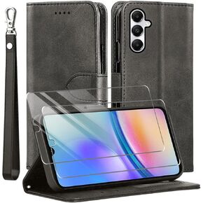 for Samsung Galaxy A15 Case and Tempered Glass Screen Protector, PU Leather Flip Cover Wallet Phone Case Protector [Full Protection] [Card Slots] [Kickstand] for Samsung Galaxy A15, Black