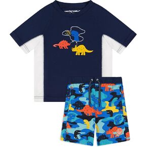 Baby Boys Swim Set - Short-Sleeve Rash Guard and Swim Trunks - Camo Dino Baby Boy Swimsuit (Trench, 18M)