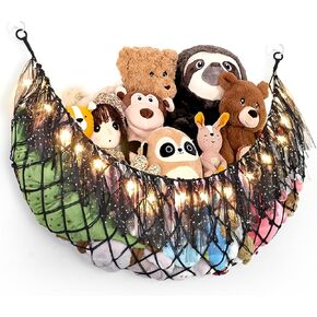 Dremisland Stuffed Animal Hammock with Fairy Lights, Cotton Wall Storage Organizer for Girls Room Nursery Kids Bedroom Play Room Decor (Black)